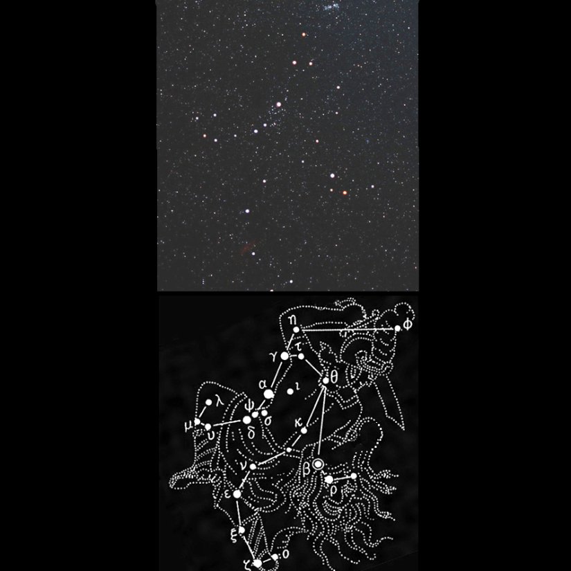 【ペルセウス座】カシオペアに続いて天の川の中で星が描く「人」の文字。怪女メドゥーサの首を下げて剣を構える勇者を表します。