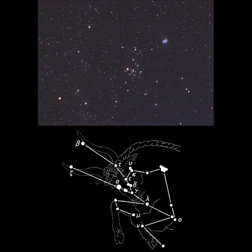 【おうし座】プレアデス星団（すばる）とＶ字のヒアデス星団が中心。大神ゼウスが王女エウロパをさらうために変身した白い牛です。