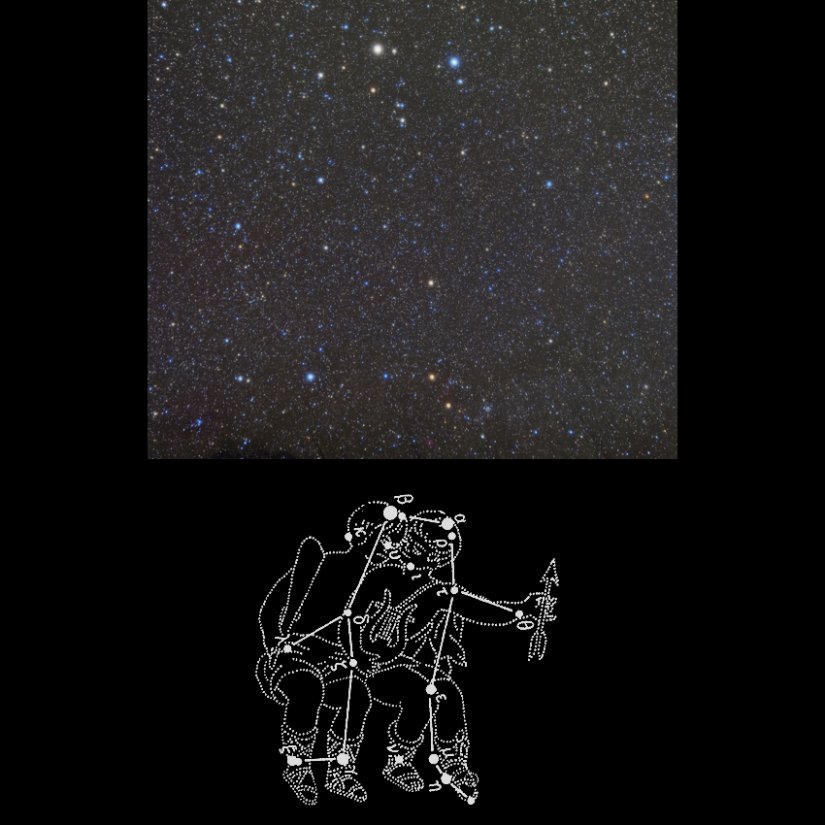 【ふたご座】2月中頃に天頂に2個の明るい星が5度くらいの間隔で仲良く並んでいます。ふたご座のカストルとポルックスです。
