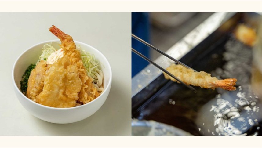 揚げたての３種類の天ぷら（エビ・イカ・鶏肉）と千切りキャベツが入ったユニークな一杯もおすすめ。「ミックスぶっかけうどん（550円）」。年中提供。