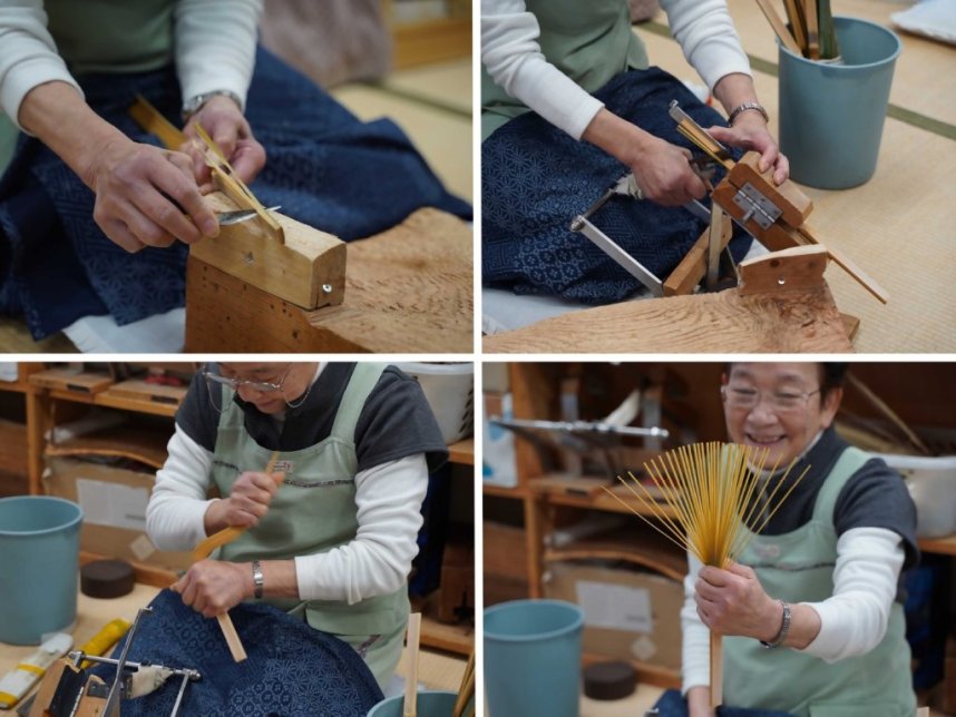 うちわに適した大きさに竹を切ったら、切り込み機を使い34～35本が同じ幅になるように割いていく。