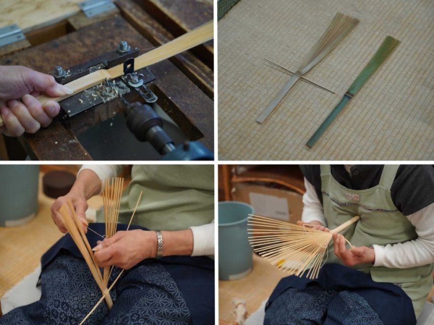 弓竹を通した穂を糸で編む作業。網のいびつさを直しながら、左右対称になるように糸をとじつけていく。