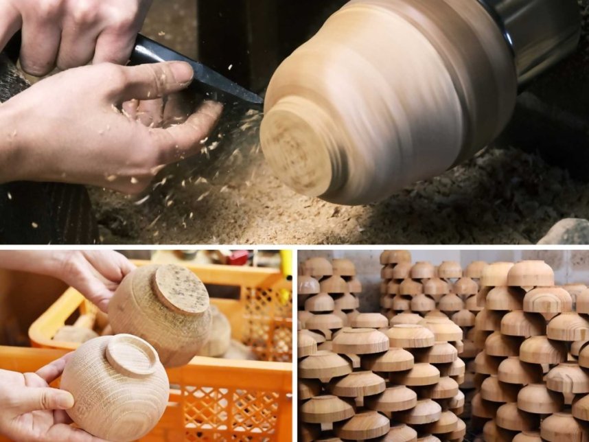 木地挽きの工房を見学すると、製材して輪切りになった木材から、木目の出方や製品サイズに合わせてカットし、お椀の形になっていく様子がよく分かる。
