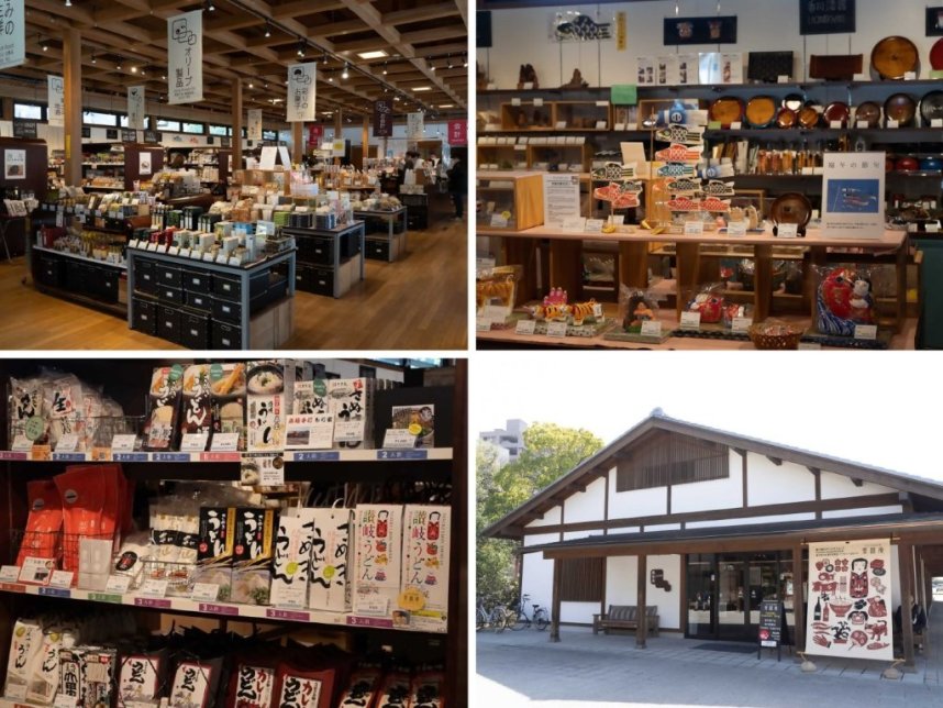 東門の横にある「栗林庵」では、香川県の食品、お菓子、地酒、ドリンク、伝統工芸品、雑貨など多彩なおみやげがそろいます。ここでしか買えないオリジナル商品も。